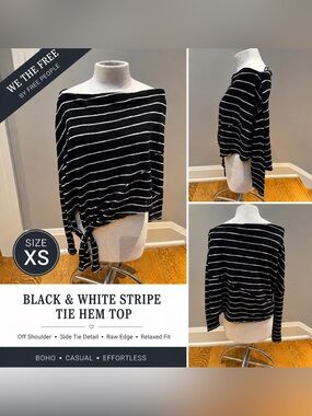We The Free Black White Stripe Tie Hem Top XS Boho Raw Edge Long Sleeve
